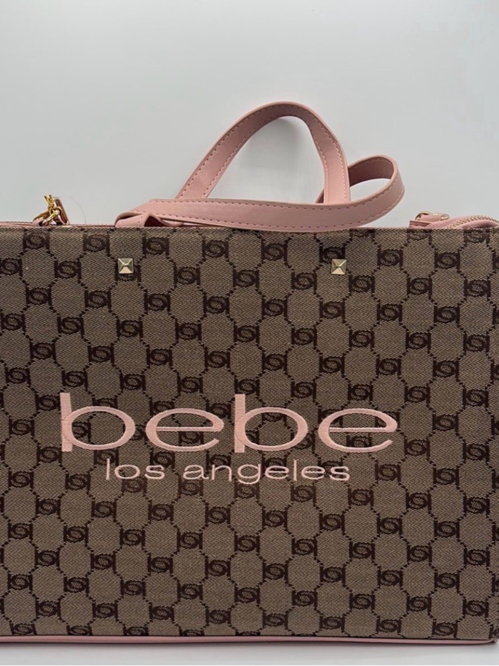 Nwot bebe Brown Monogram Tote with Pink Trim and Logo